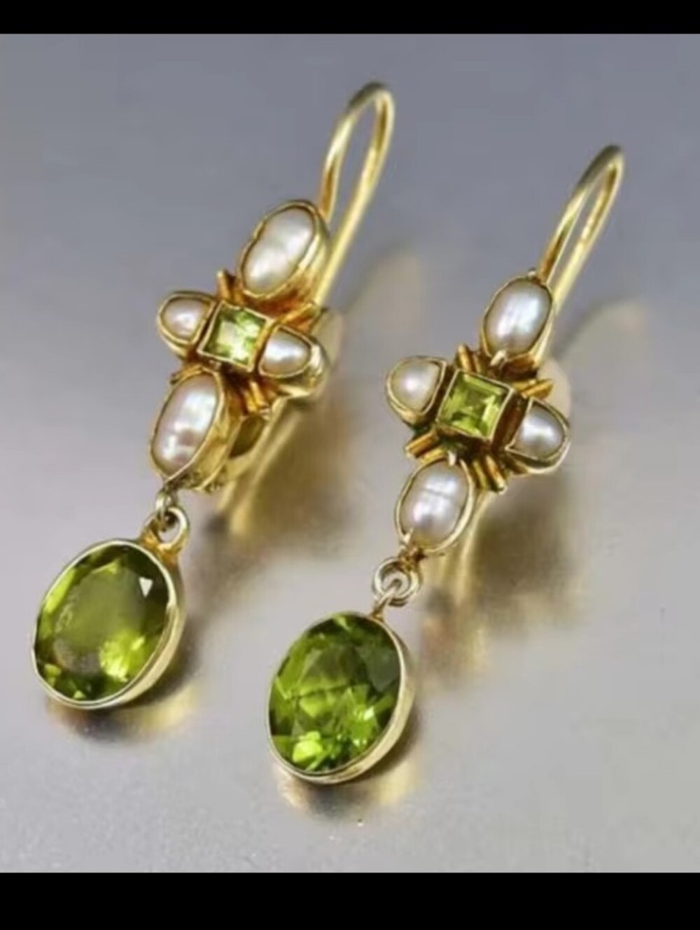 Vintage Gold Pearl Peridot Drop Earrings Women's Jewelry G34